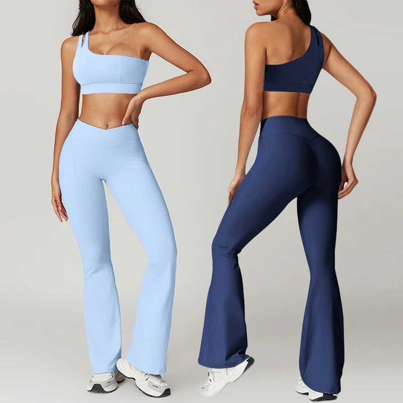 Two Pieces Sports Suit Yoga Set Flared Pants Women's Tracksuit Fitness Clothes Scrunch Butt Gym Outfits Workout Sportswear Woman