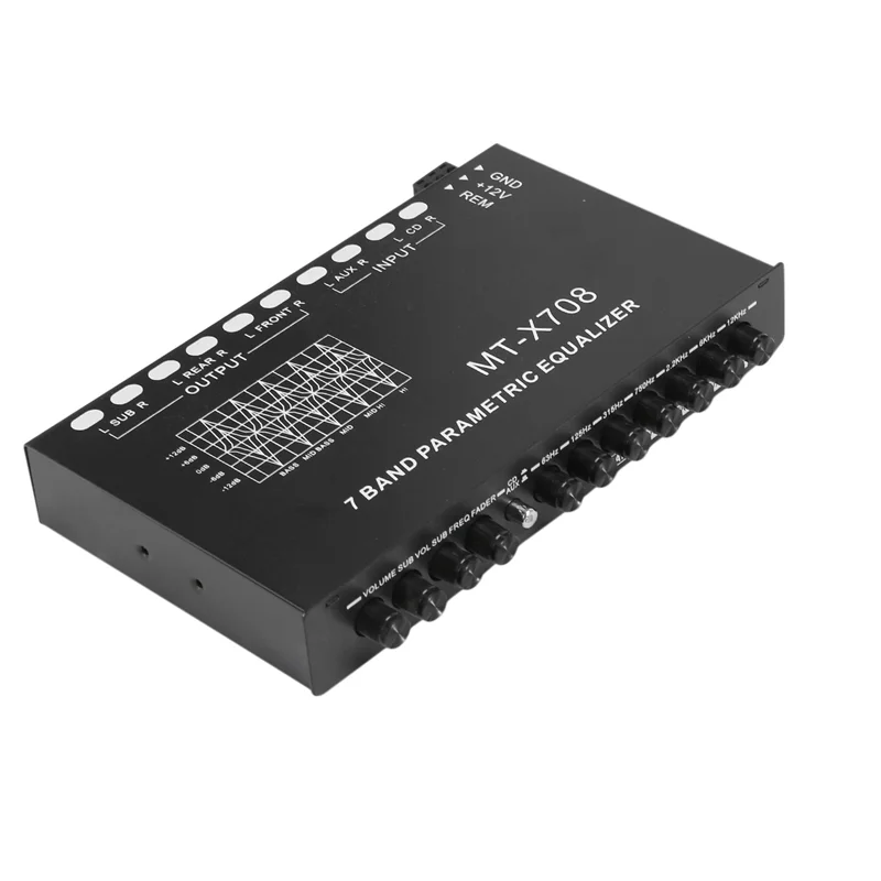 معادل صوت السيارة ABGI-2X ذو 7 نطاقات، معادل رسومات مضخم صوت EQ قابل للتعديل مع مفتاح اختيار إدخال CD/AUX، أسود