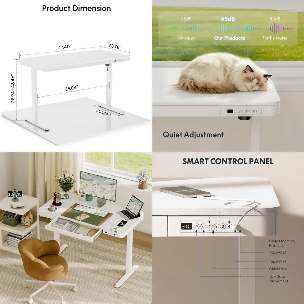 

Electric Height-Adjustable Makeup Vanity Desk with USB Ports, Child Lock, 48 for Bedroom, White
