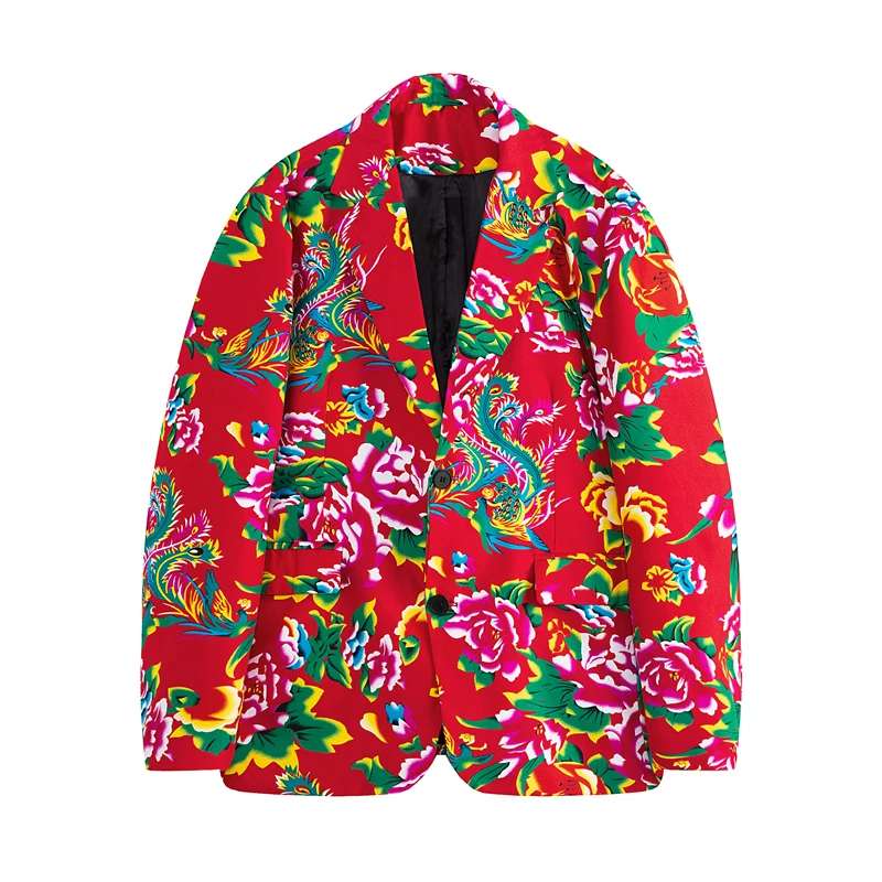 New Trend Men's Fancy Blazer Jacket Festive Design Clothes Full Flower Printing Party Streetwear Oversized Suit Coat Black Red