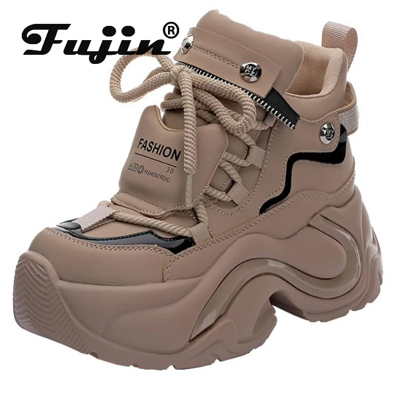 

Fujin 9cm Synthetic Genuine Leather Women Sneakers Chunky Spring Autumn Ankle Boots Fashion Casual Comfy Platform Wedge Shoes