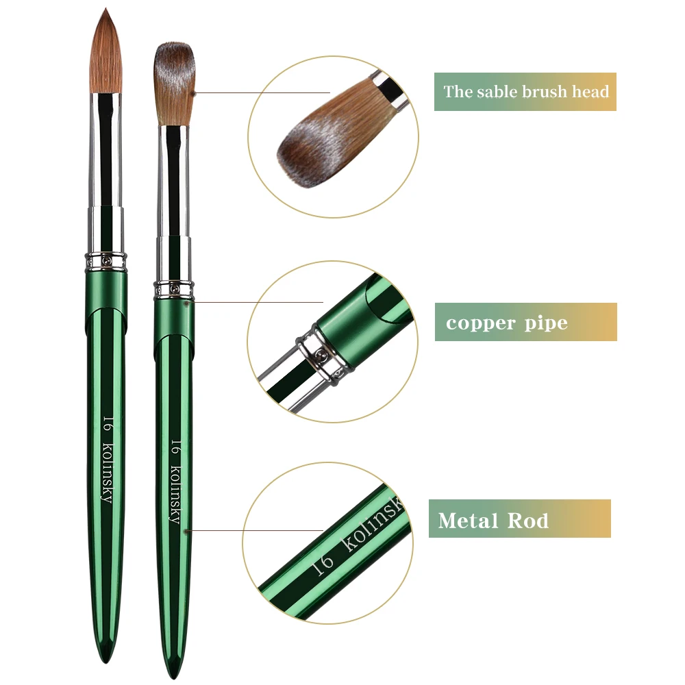 100% Kolinsky acrylique brosse à ongles conception vert poignée en métal manucure professionnelle bonne qualité pour vernis poudre taille 2 # -18 #