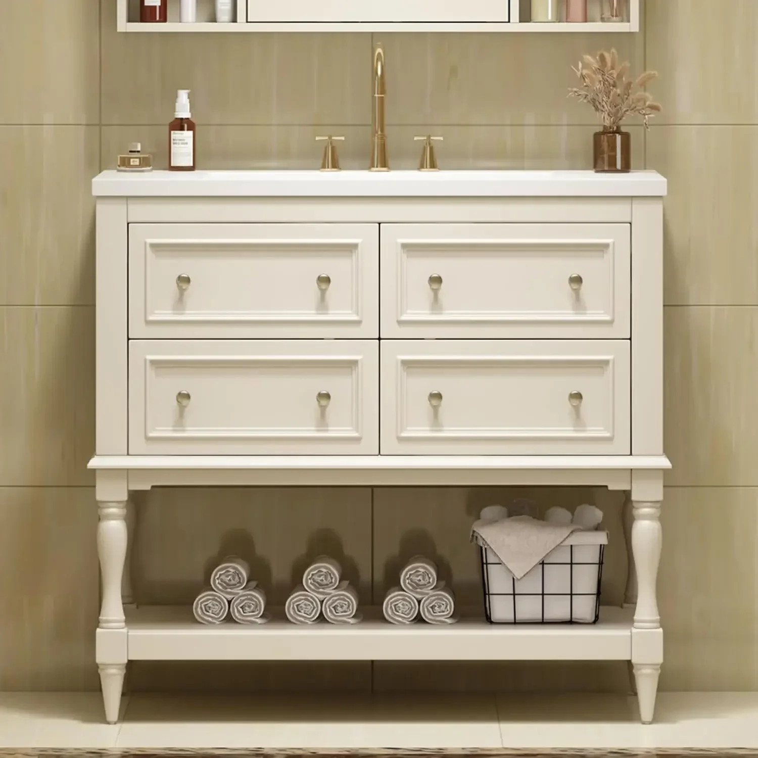 

36" Bathroom Vanity with Sink Farmhouse Storage Cabinet 4 Drawers Open Shelf Solid Wood Frame Bath Furniture Customized