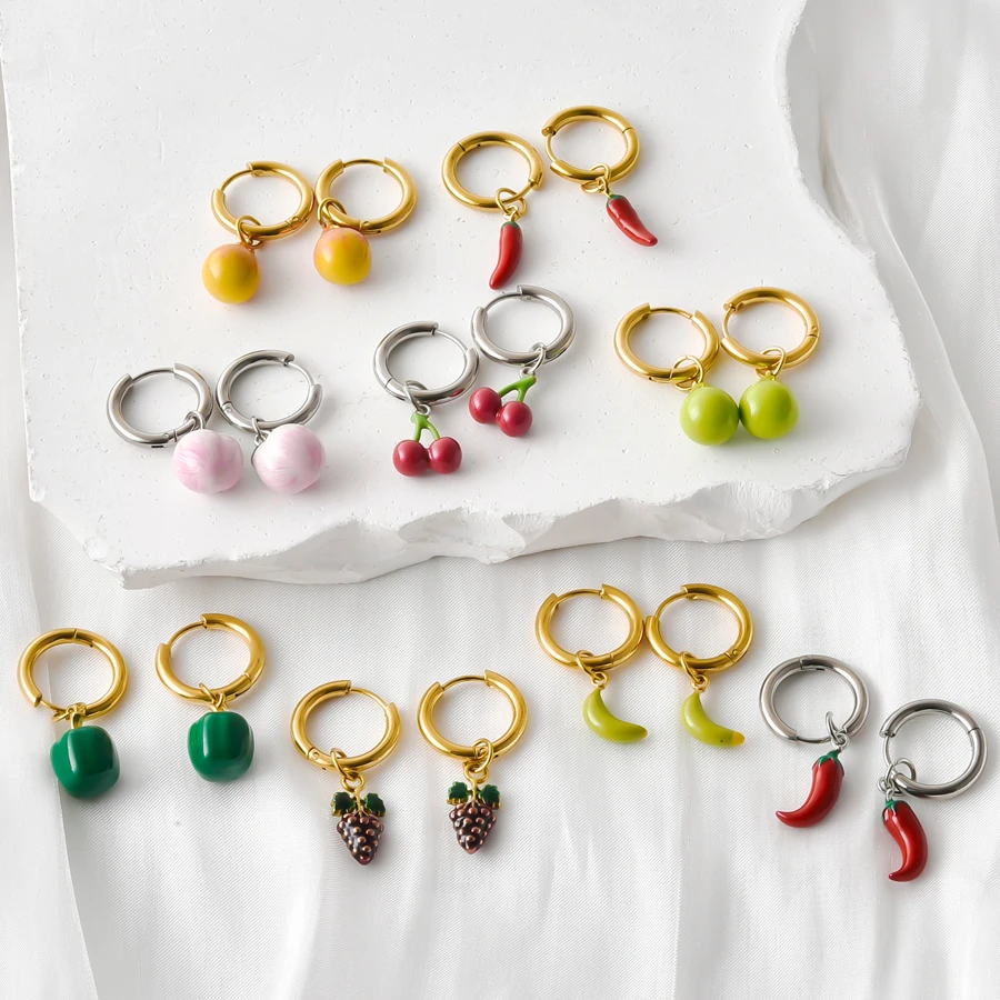 Cabbage Strawberry Eggplant Pomegranate Chinese Cabbage Peppers Stainless Steel Exquisite Earring Vegetable Fruits Jewelry Gifts