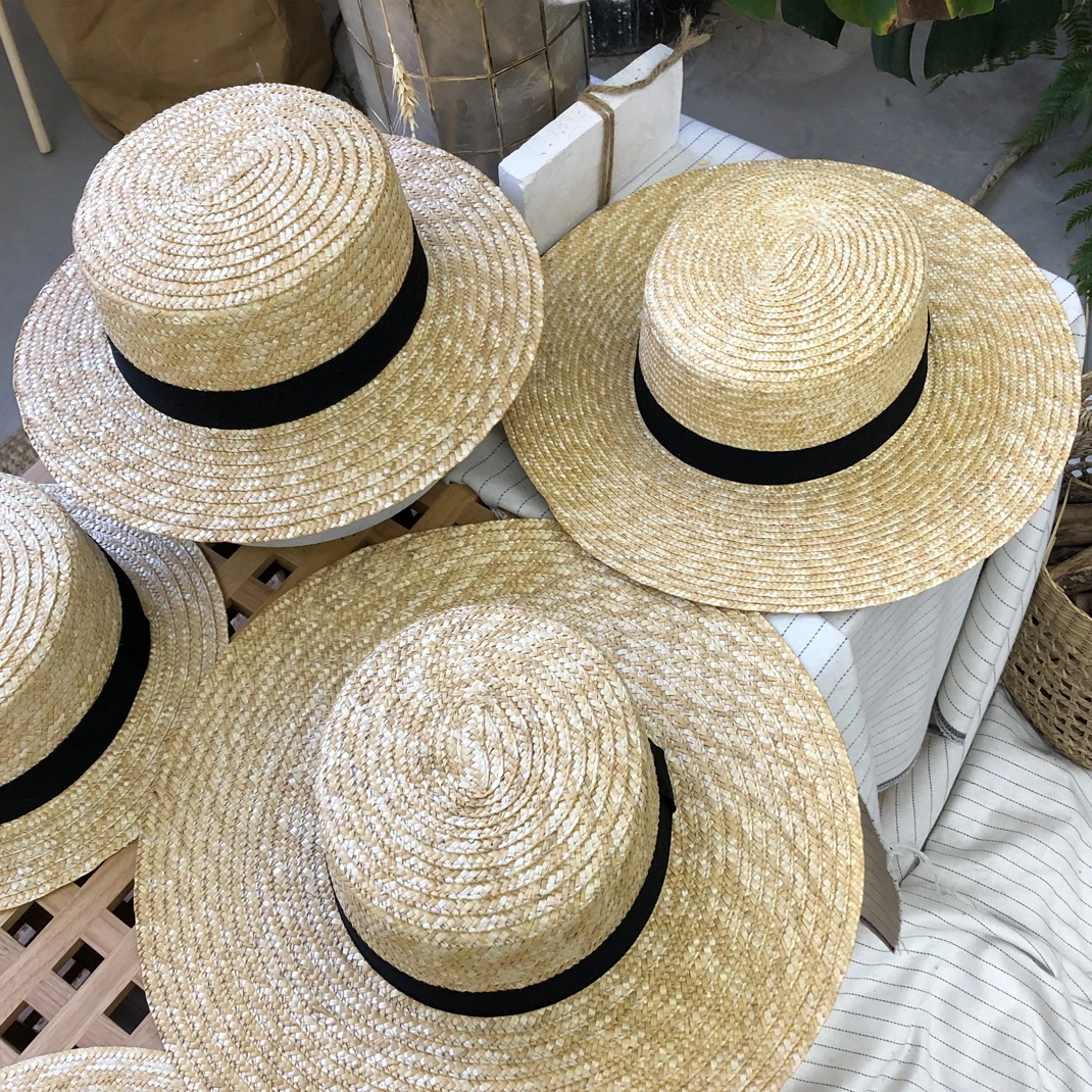 Luna&Dolphin Women Summer French Style Nature Straw Hat Balck White Ribbon UV Cut Temperament Flat Hepburn Big Eaves Sunhat Cap