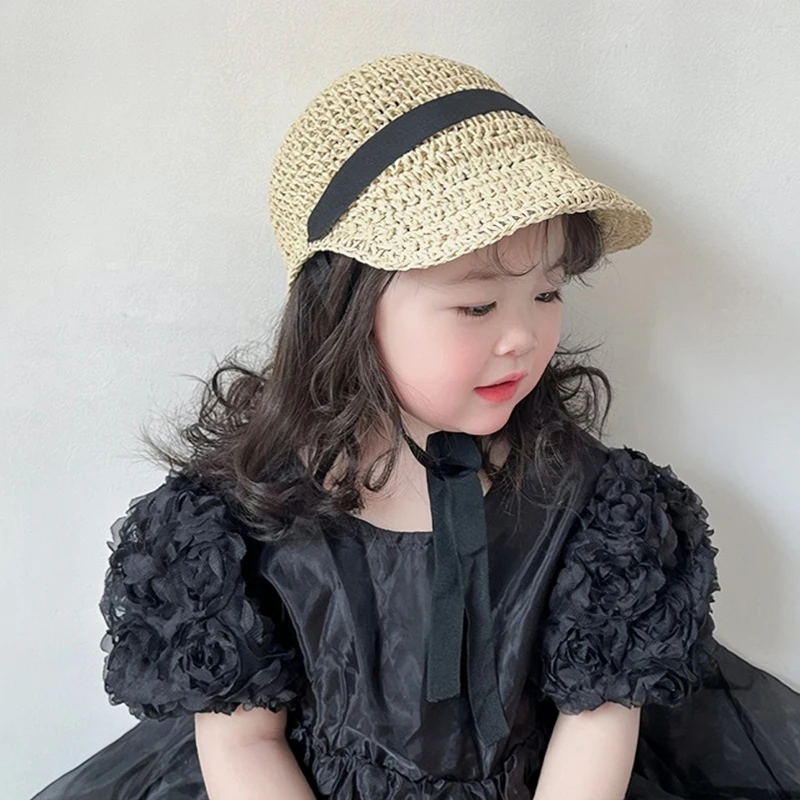 Children Girls Summer Woven Sunshade Hat Straw Cap Ribbon Outdoor Casual Big Brim Adjustable Hat Cute Children\'s Accessories