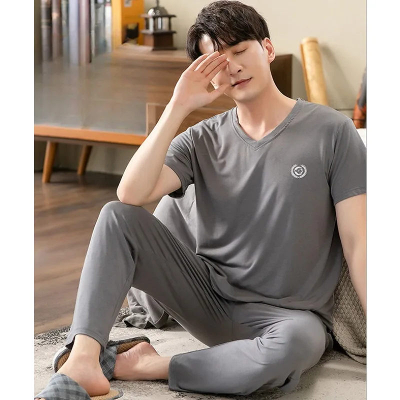 

Modal Top Grade Men Pajamas Summer Suit Thin Short-sleeved Trousers Relaxed Enlarged Loungewear Can Worn Outside Pajama Set