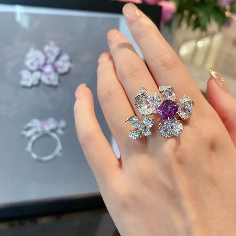 UILZ Fashion Flower Shape Open Rings For Women Purple Crystal Rings Party Jewelry Gift