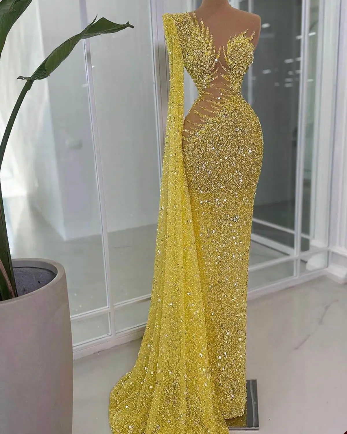 One Shoulder Mermaid Prom Gowns Sparkling  Pearls Sequins Floor Length Cloth Party Dresses Trumpet Evening Dresses