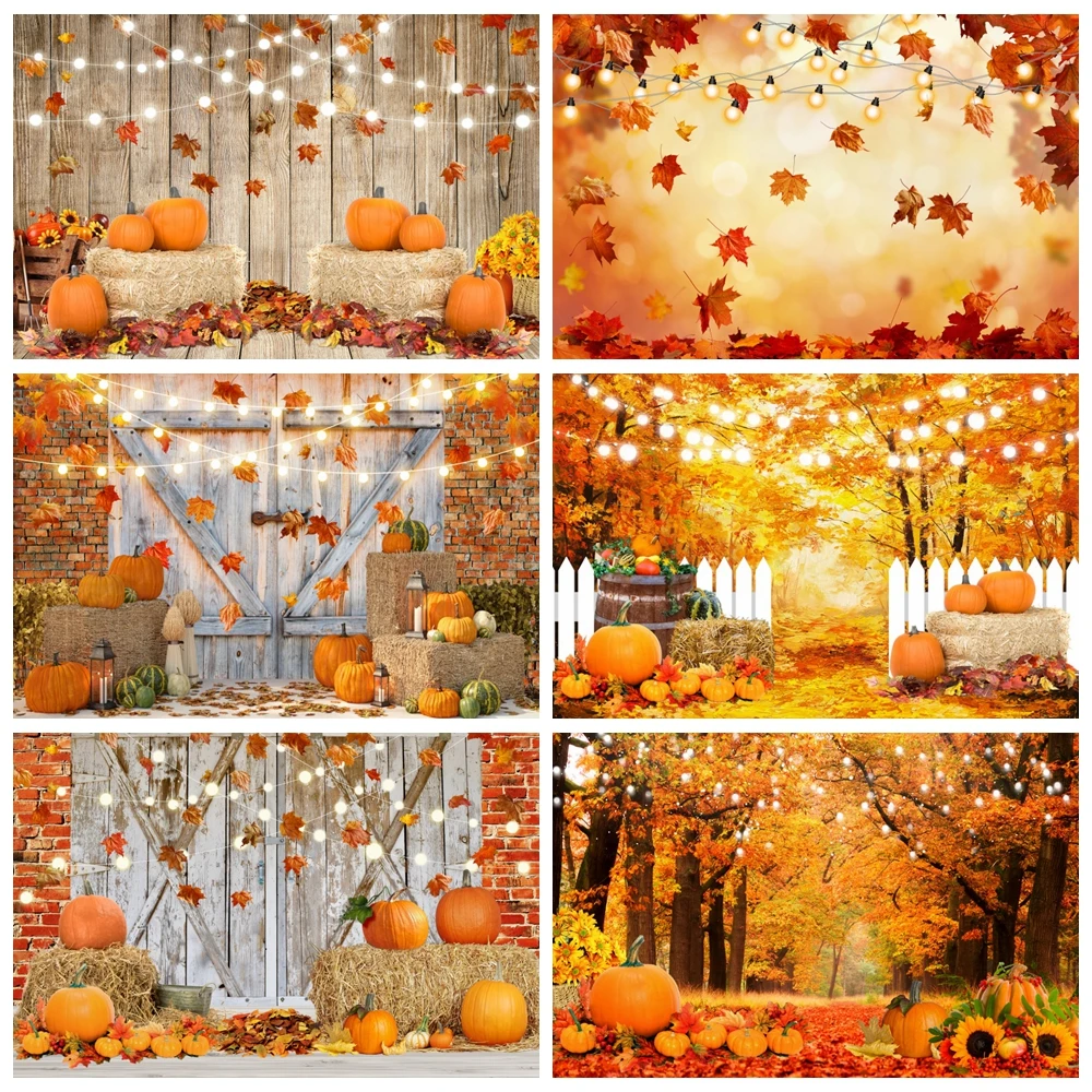 Autumn Backdrops Fall Pumpkins Bumper Harvest Maple Leaves Farm Barn Haystack Baby Portrait Photo Background Photography Props