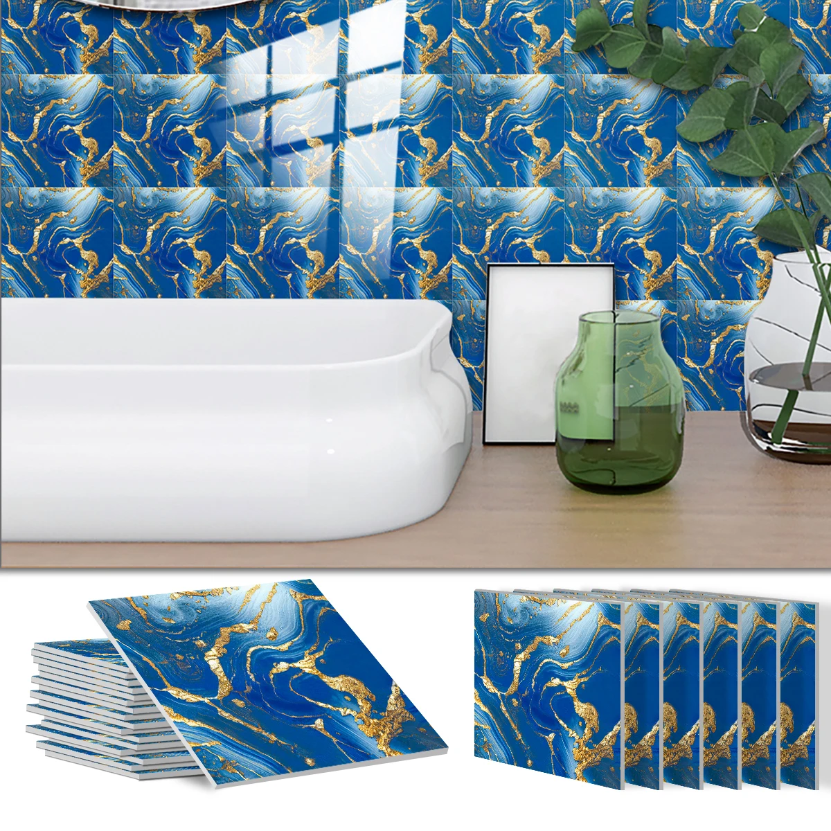 2pcs Thicken Foam Blue & Gold Marble Pattern Tiles Sticker Kitchen Backsplash Oil-proof Peel & Stick Waterproof Art Wall Decals