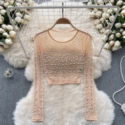 Women Chic Sheer Mesh Rhine Stone Long Sleeve Crop Top Slim Sexy Korean T-shirt Fashion O Neck Autumn Women Shirt