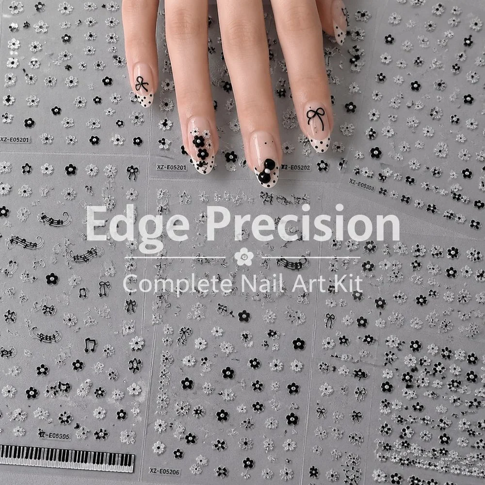 6Pcs Musical Theme Nail Art Stickers Black Silver Hollow Flower Piano Key Note Pattern Adhesive Decals For DIY Manicure Design