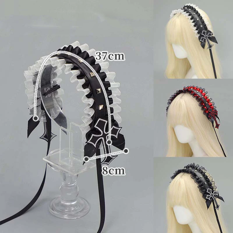 New Gothic Punk Rivet Hairband Y2K Lace Rivet Cross Headwear Women Birthday Gifts Lolita Cosplay Cool Costumes Headpiece