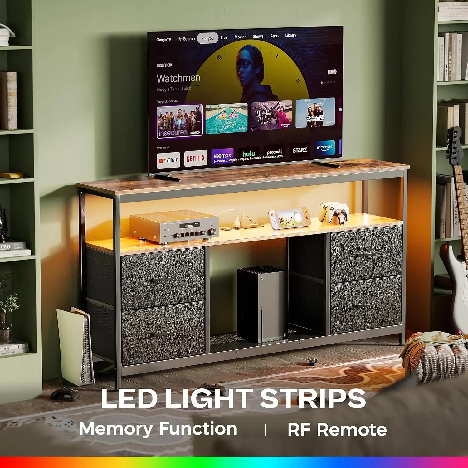TV Stand Dresser Power Outlets LED Lights 4 Drawers Shelves Entertainment Center 54 Inch Media Console 55 60 Inch TV PU Finish R