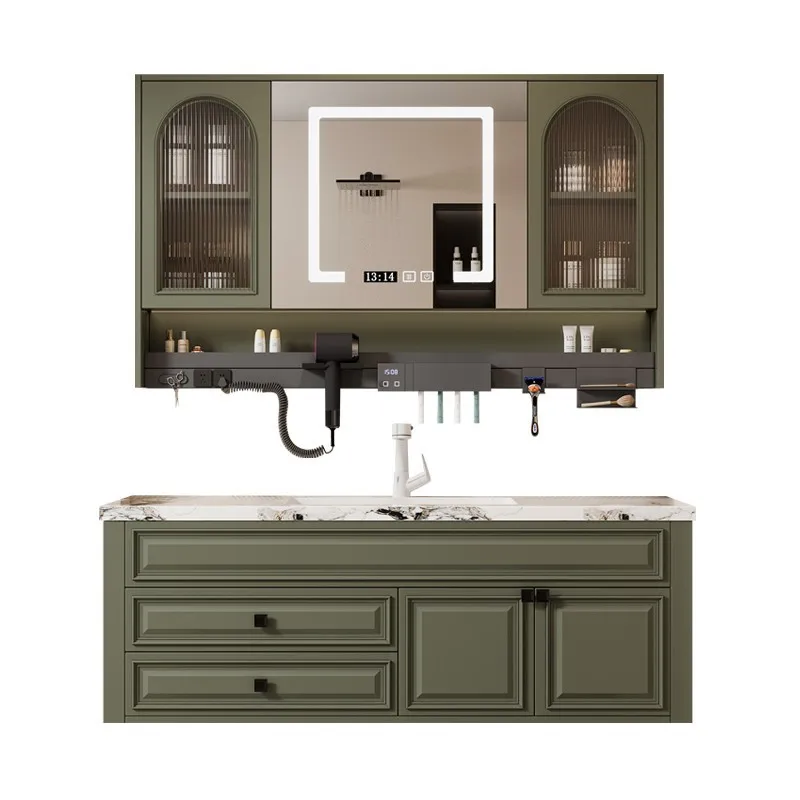 

American bathroom cabinet combination rock slab seamless integrated basin French bathroom solid wood washstand face wash basin c