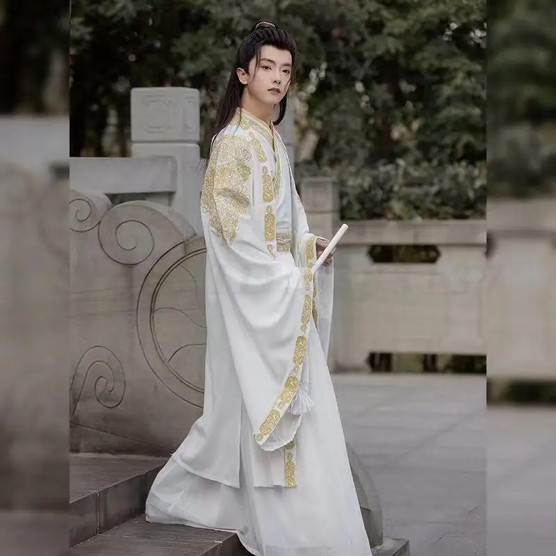 Men Wei Jin Hanfu Set Traditional Chiense Ancient Cross Collar Embroidery Top Skirt Vintage Royal Knight Cosplay Clothing