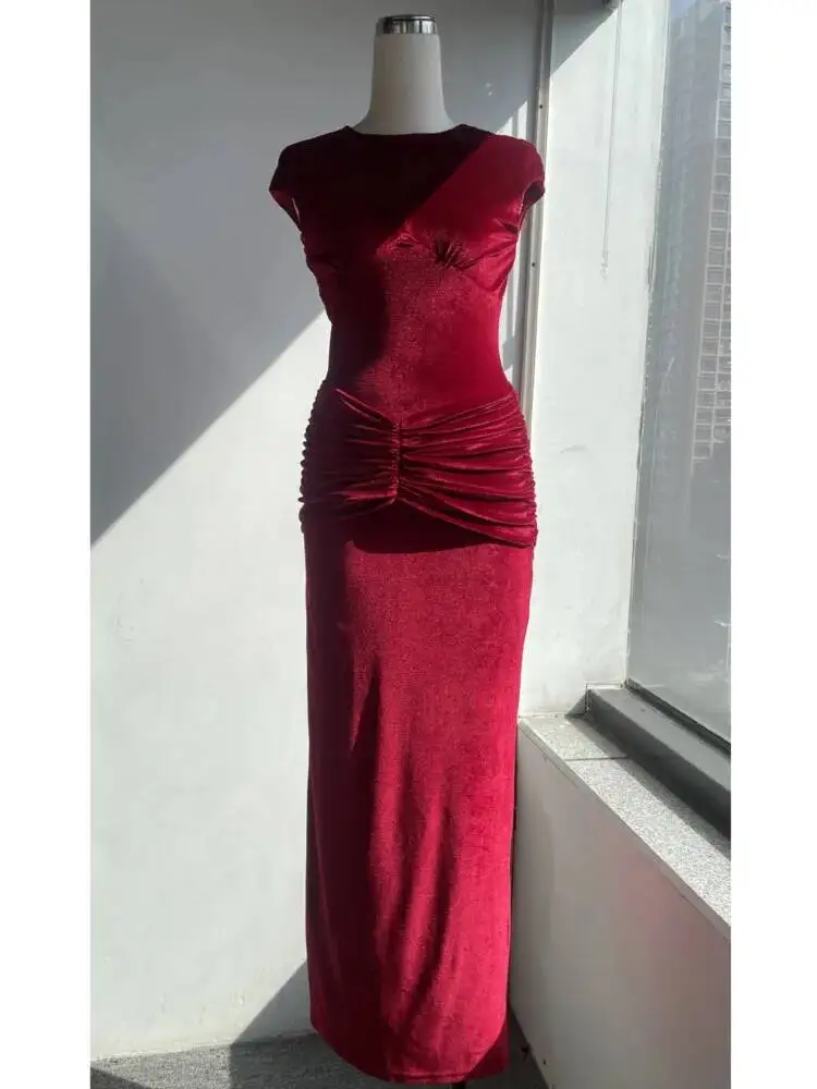 TLXT Moda Donna Elegante Abito da Sera in Velluto a Pieghe Vino Rosso Slim Fit Girocollo One-Step Manica Corta Primavera Nuovi Abiti