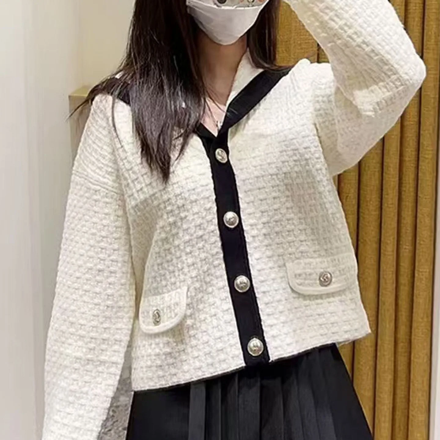

M Home 2024 Autumn Faion Knitted Sweater Coat Navy Collar Color Blo Bla White College Sle Women's Regular Thin