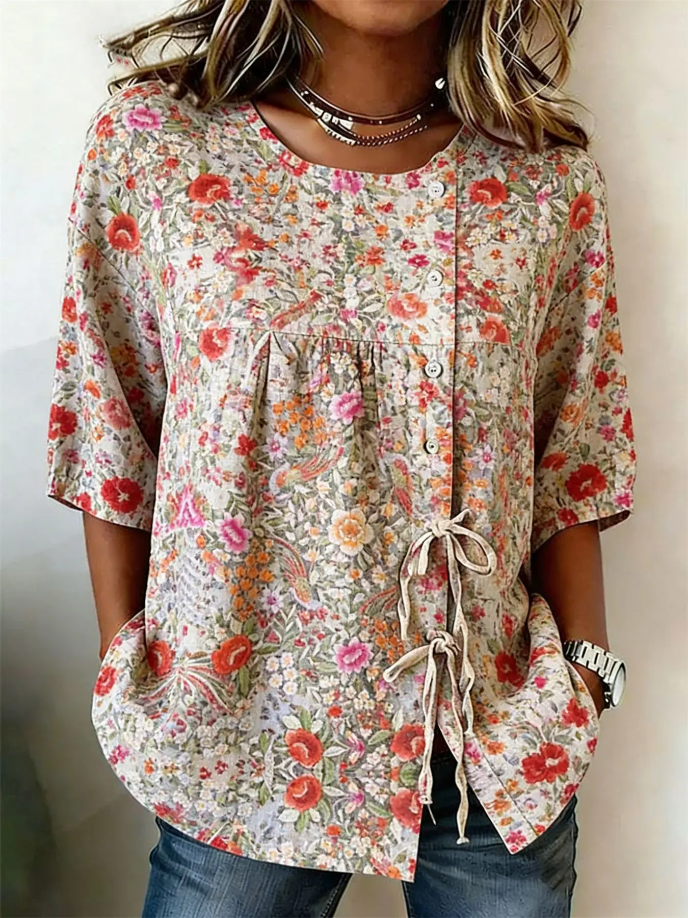

Women's Vintage Floral Print Drawstring Button Up Blouse, Casual Round Neck Tops for Spring Summer Daily Vacation Wear
