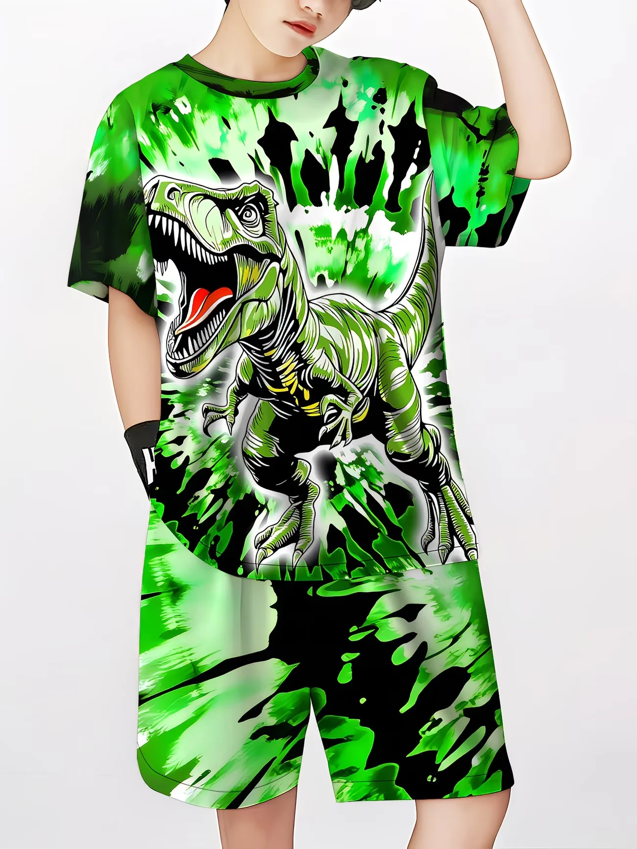 Boys 2Pcs Summer Outfit T-Rex Print Short Sleeve T-Shirt + Shorts Set Black Red Casual Sportswear Kids Streetwear Tracksuit