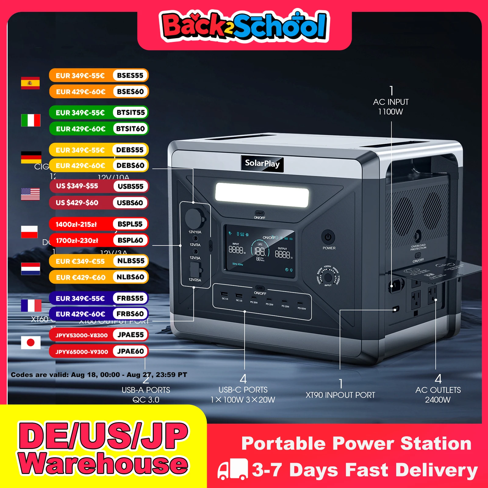 SOLARPLAY Generatore solare portatile per centrale elettrica da campeggio 2400W 2160WH AC-Steckdosen 12 porte di uscita completamente caricate in 1,5 ore