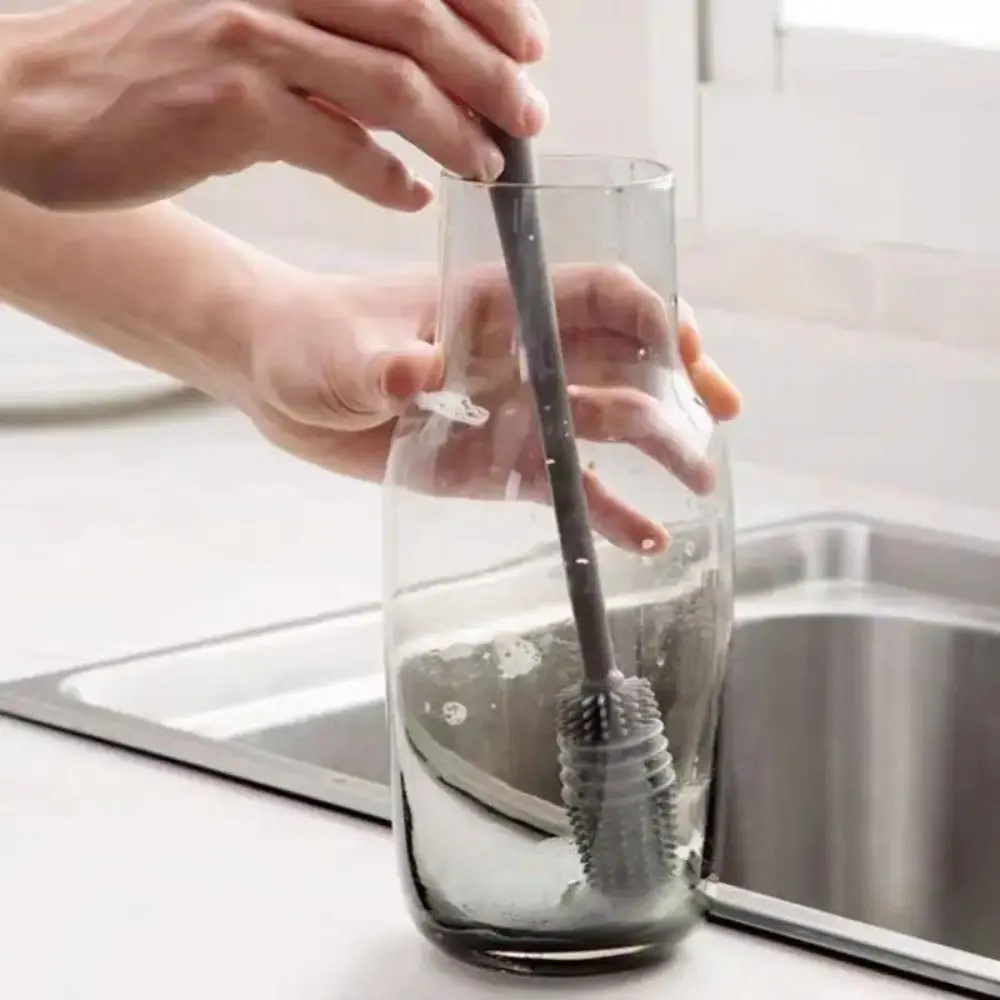 Long Handle Silicone Bottle Brush 360° Head Non-Scratch Bottle Cleaning Tool Eco-Friendly Non-Toxic Glass Cup Cleaner Travel