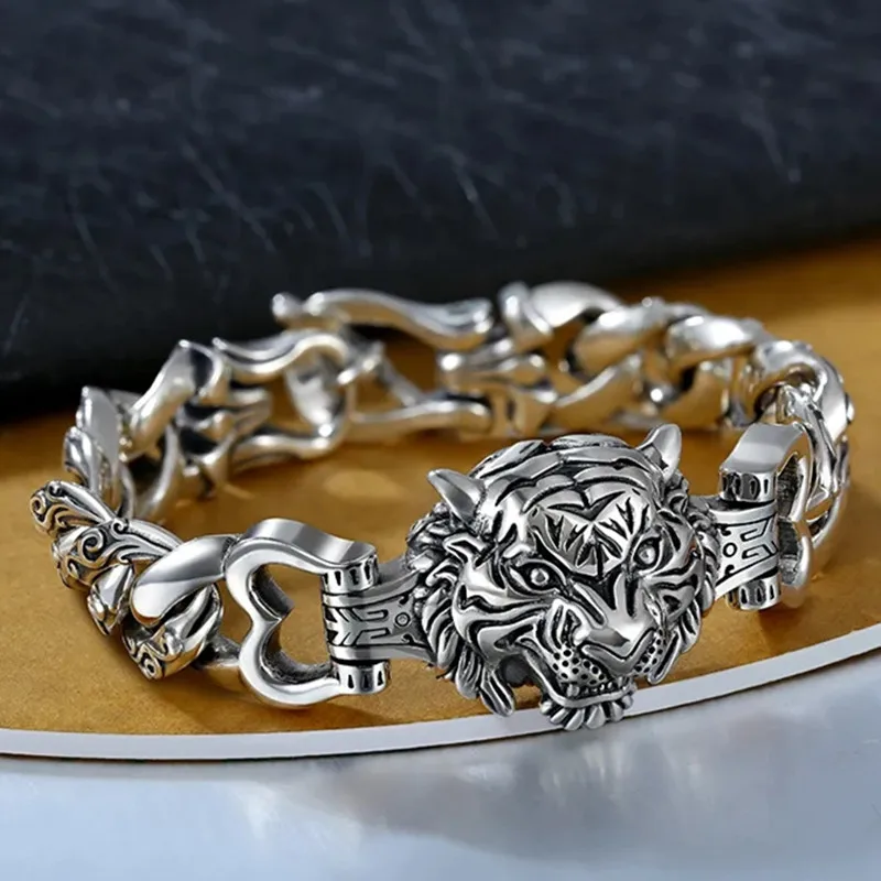 

Domineering Charm Tiger Head 925 Sterling Silver Original Certified Bracelet Men's Simple Hegemony Luxurious Jewelry Bangle