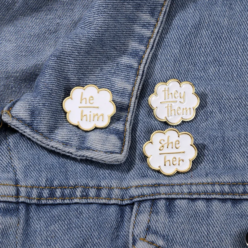 Gender Pronoun Enamel Lapel Pin Flower Shape He Him She Her They Them Text Metal Badge Daily Backpack Fashion Statement Ornament