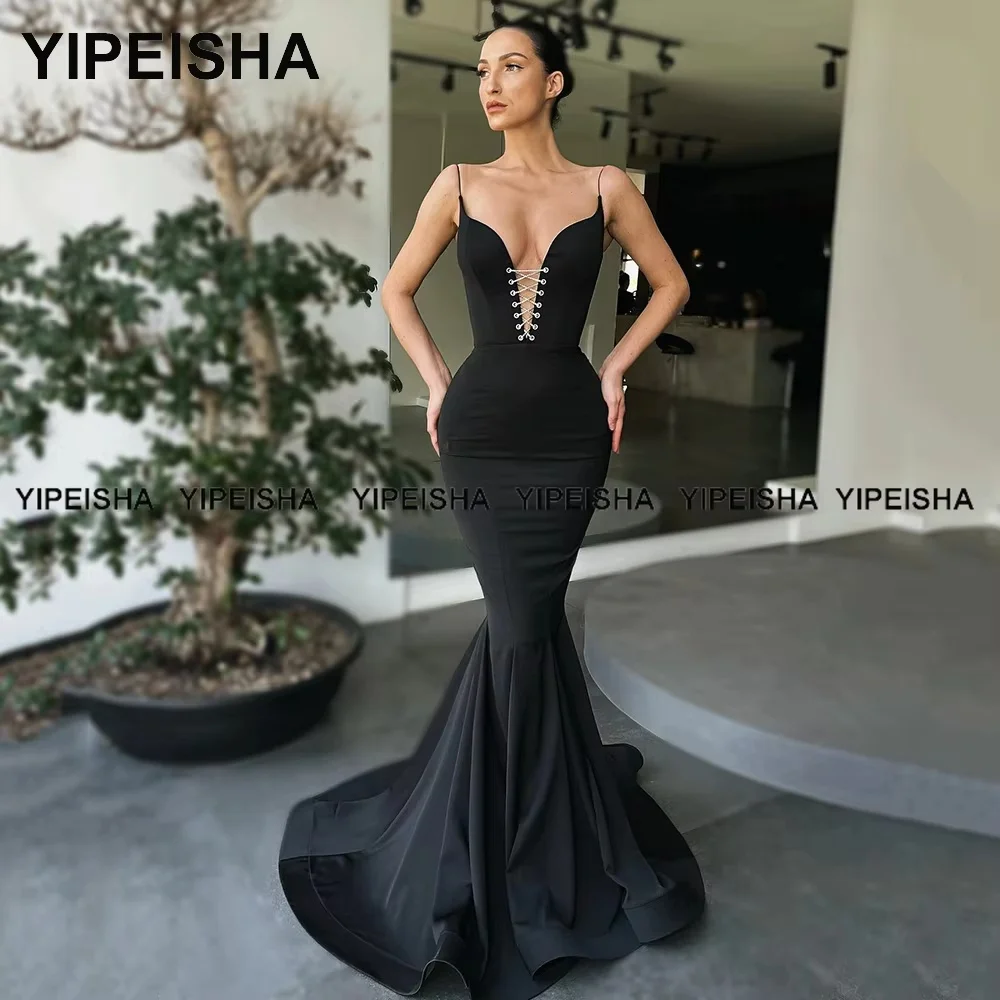 

Customized Spaghetti Straps Mermaid Evening Dress Simple Floor Length Black Prom Gown Party Gown Robe de Soiree