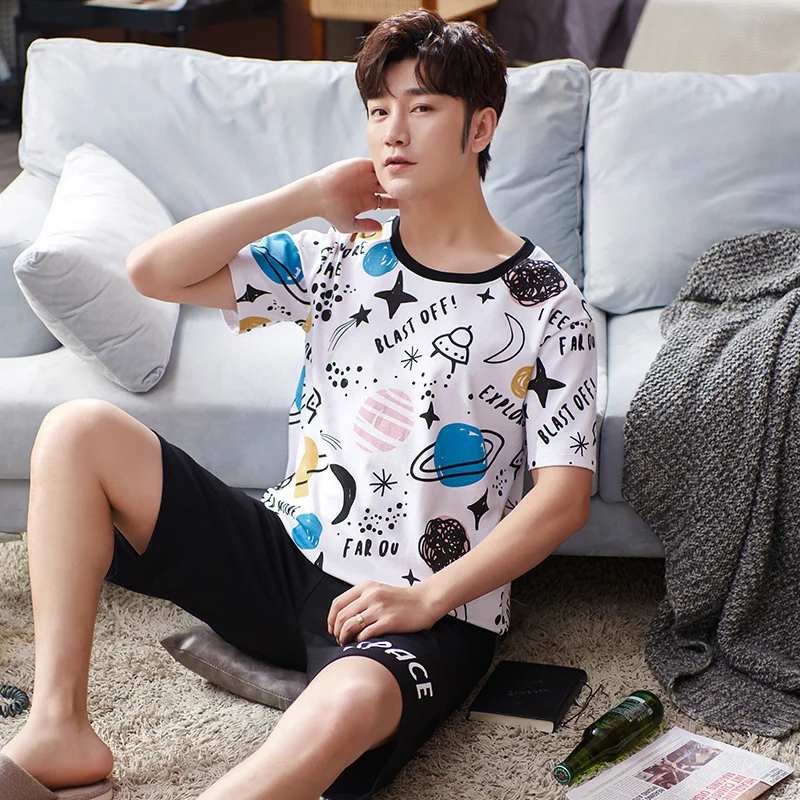 2022 New Summer Pajamas Men\'s Cotton Short Sleeved Shorts Spring And Autumn  Youth Large Size Home Clothes Can Be Worn Out