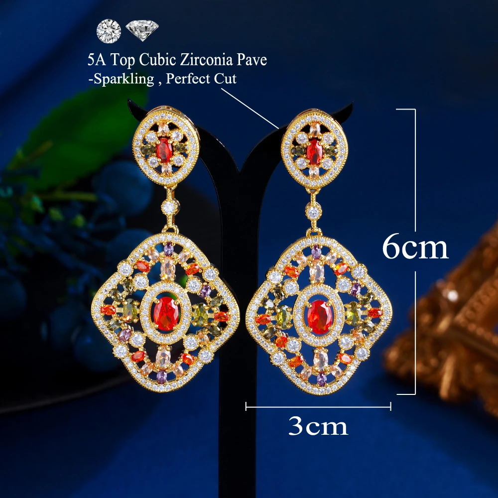 CWWZircons Luxury Multi Color Cubic Zirconia Long Big Dangle Drop Gold Plated Ethinc Wedding Bridal Party Earrings Jewelry CZ915