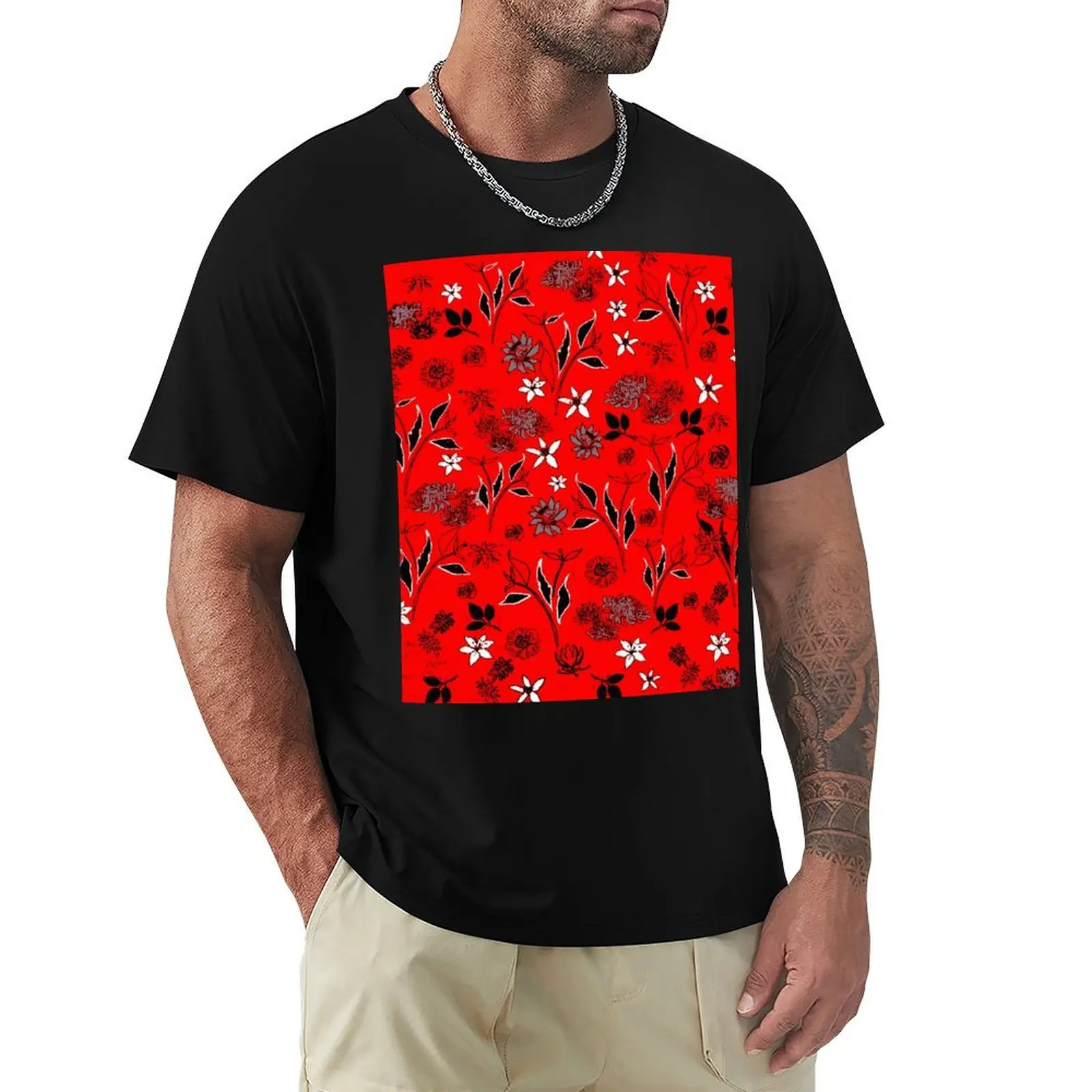 RED FLORAL FIELD T-Shirt Plus Size Loose Short Sleeve Top