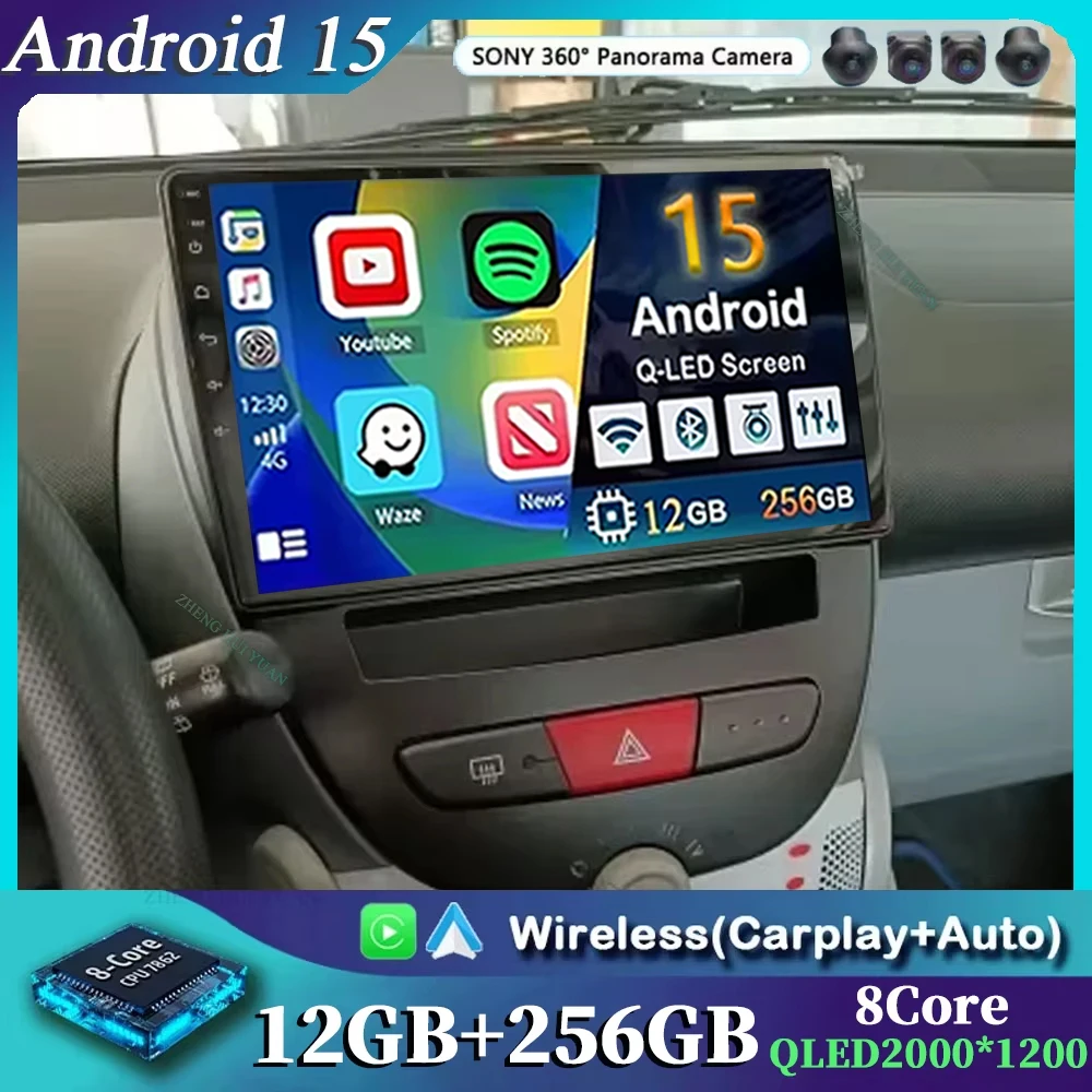 Для Peugeot 107 Для Toyota Aygo 2005-2014 Android 15 12 + 256 ГБ CarPlay Авто Авто Радио Мультимедийный Видеоплеер GPS Стерео Головка