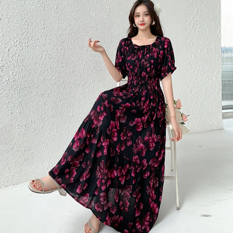 Abito lungo da spiaggia Boho in cotone estivo Abito lungo leopardato a pois con applicazioni di fiori alla moda