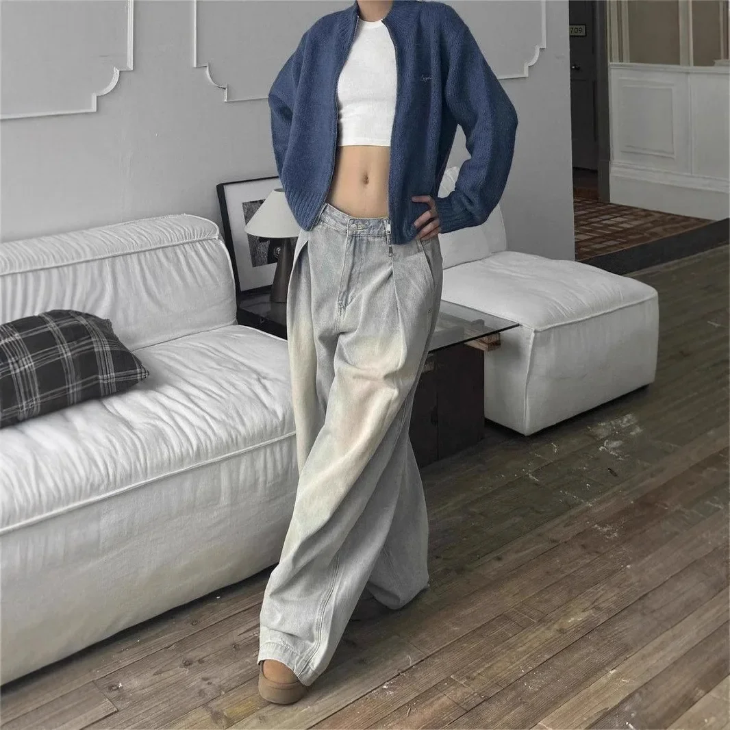 High Street Vibe Jeans Washed Make Old Pleated Straight Wide-leg Pant Loose Casual Mopping Trousers Y2k Street Pantalones Cowboy