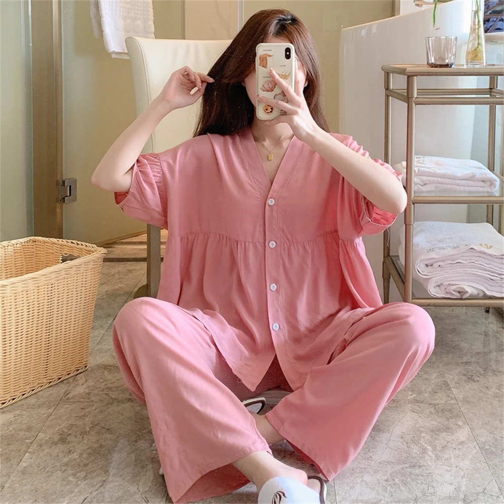 Women\'s Casual Short Sleeves Pants Pajamas Set Spring Summer Thin Loose Large Size Ladies Home Clothes Two-piece Sleepwear Suit