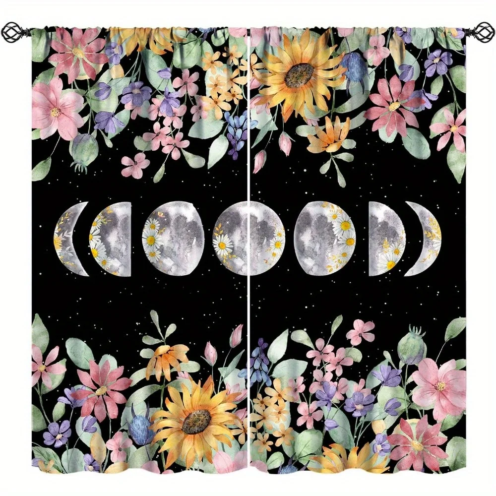 2pcs Boho Vintage Aesthetic Blackout Curtains, Moon Floral Print, Rod Pocket Design for Easy Installation - Perfect for Living R