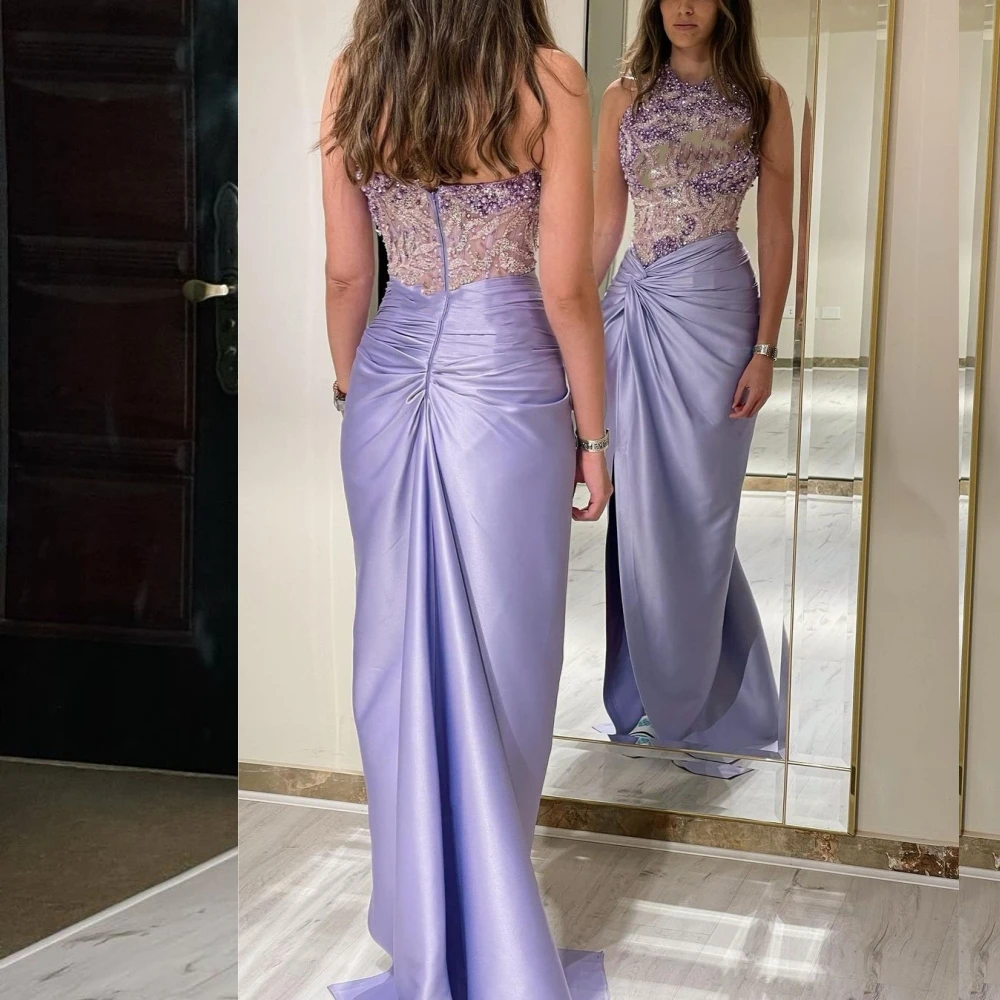 Customized  Evening Satin Pleat Beading Cocktail Party A-line O-Neck Bespoke Occasion Gown Long Dresses  Arabia