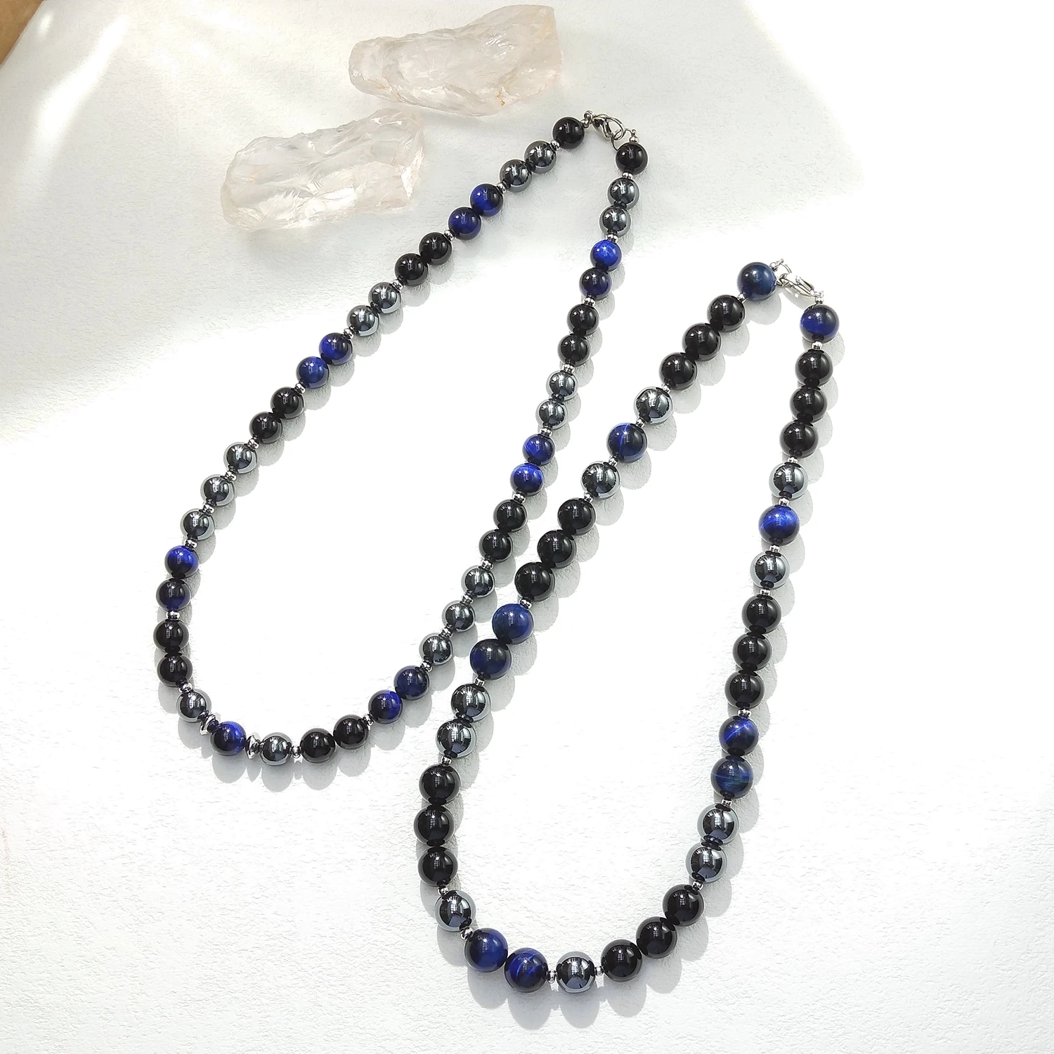 

Lii Ji 10mm/12mm Dark Blue Tiger's Eye Hematite Black Agate Multi Stone Stainless Steel Necklace 52cm Trendy Necklace For Male