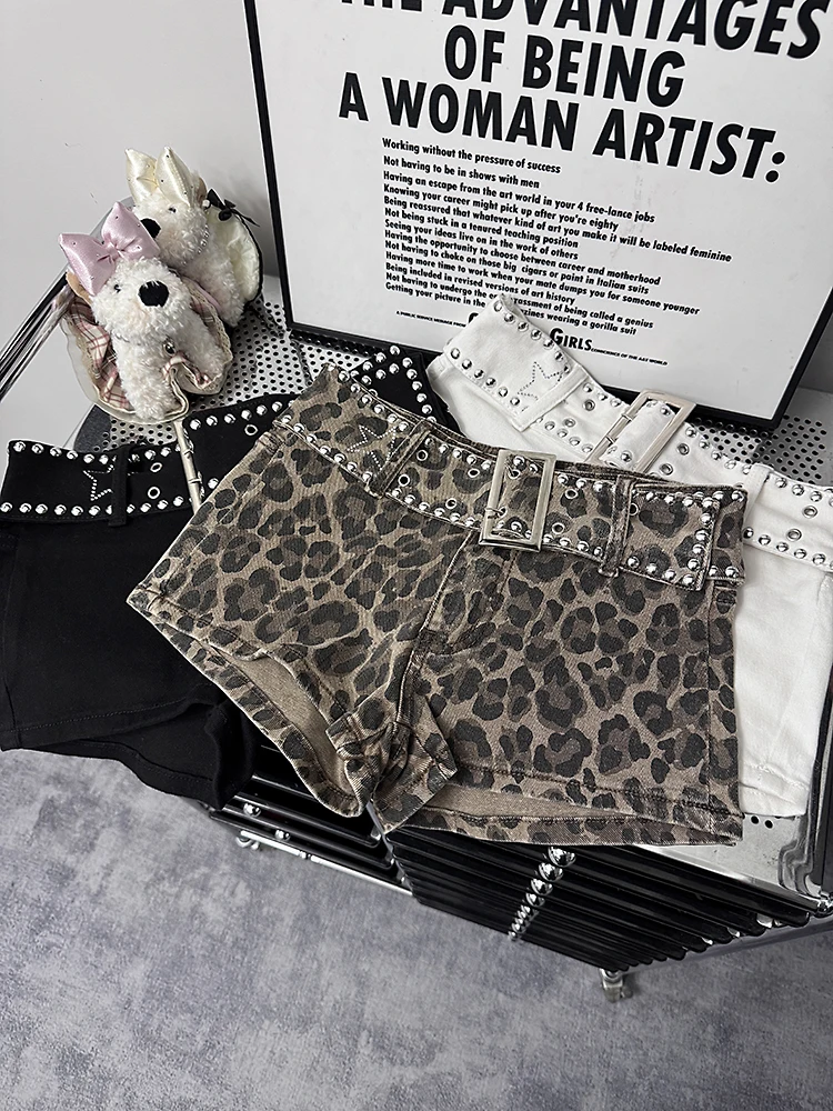 Dames zomer herfst high street luipaard denim shorts dame streetwear lage taille slanke denim korte broek