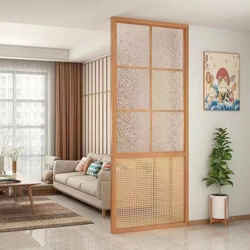 Solid wood Changhong glass partition household living room office log new Chinese entrance Japanese rattan screen