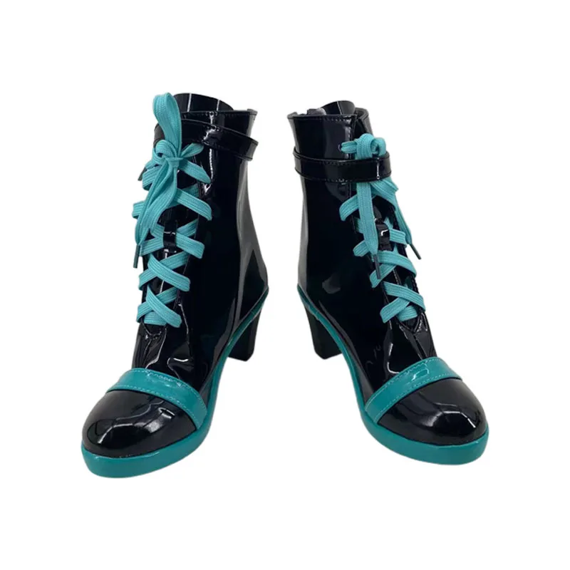 Miku Cosplay Shoes 16th anniversary High-heeled Laced Boots Role Play Faux Leather Boots For Women Girls