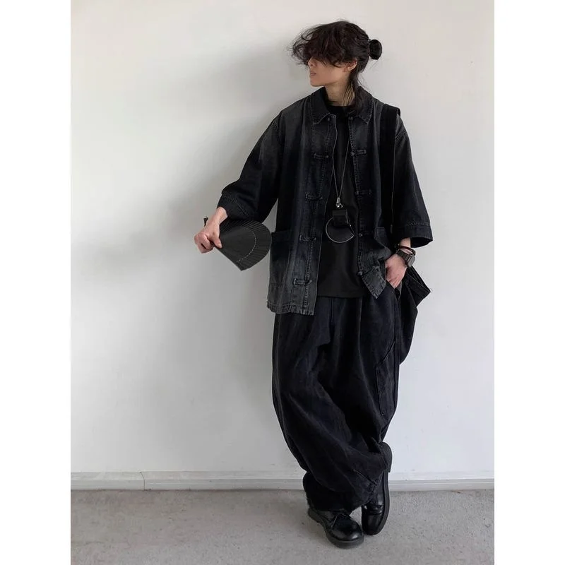 

Waed Vintage Chinese Sle Denim Jaet Loose Fit for Men And Women Retro Button up Casual Summer Outerwear