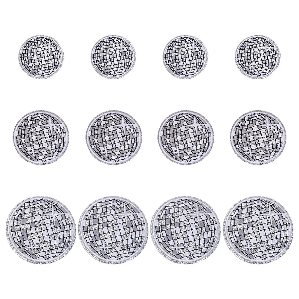 12Pcs 3 Styles Disco Ball Iron on Patches Silver Polyester Disco Ball Embroidered Appliques Western Patches Costume Accessories