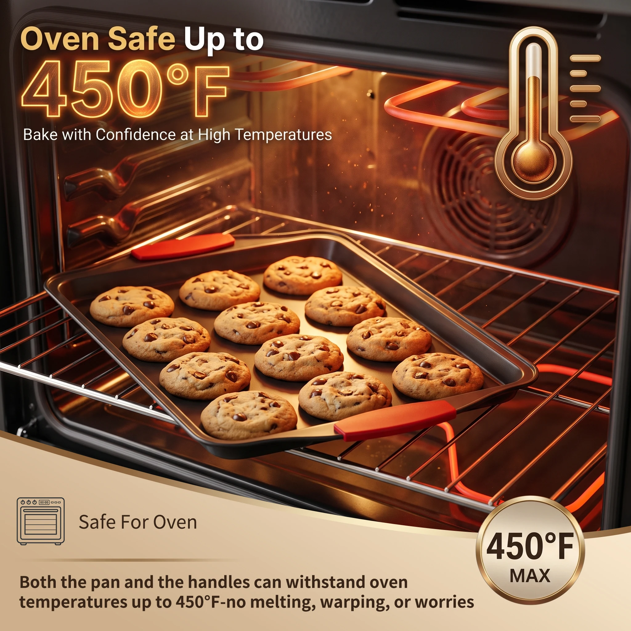 3pcs Carbon Steel NonStick Baking Pan Set. Luxury Stylish Design with Red Silicone Handles. Premium Nonstick Steel Bakeware, Restaurantgrade Rimmed Baking Sheets. Easytoclean Trays, Ideal for Cookies, Pizza, Cakes & Home Kitchen Baking. - view 5