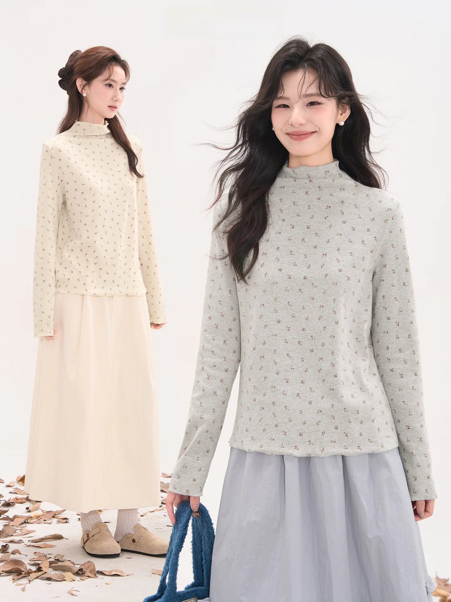 

Soft Floral High Collar Long Sve Women's Base irt Heme Moonlight Confion T-irt Princ Sle Cotton Inner Wear