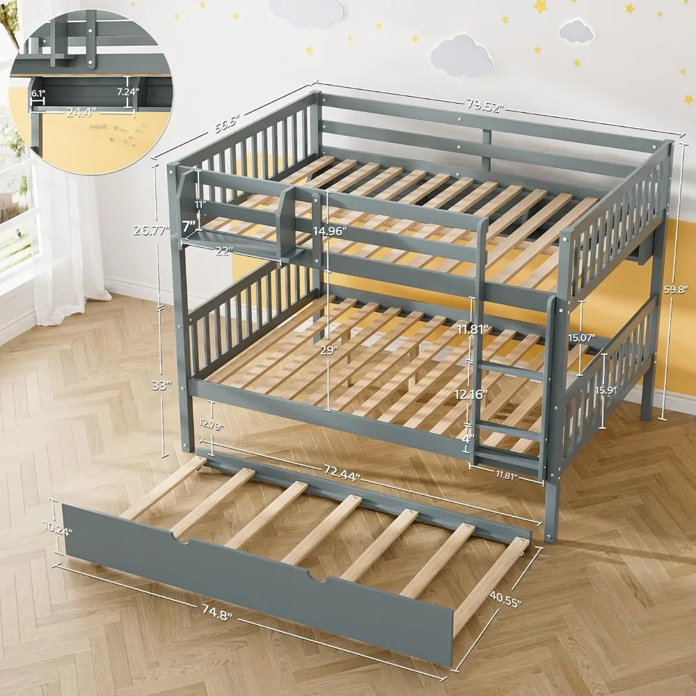 Bunk Bed, Included Twin Trundle Bedsa and Built-in Shelves,with Ladder and Safety Rails for Kids, Teens,Convertible Platform Bed