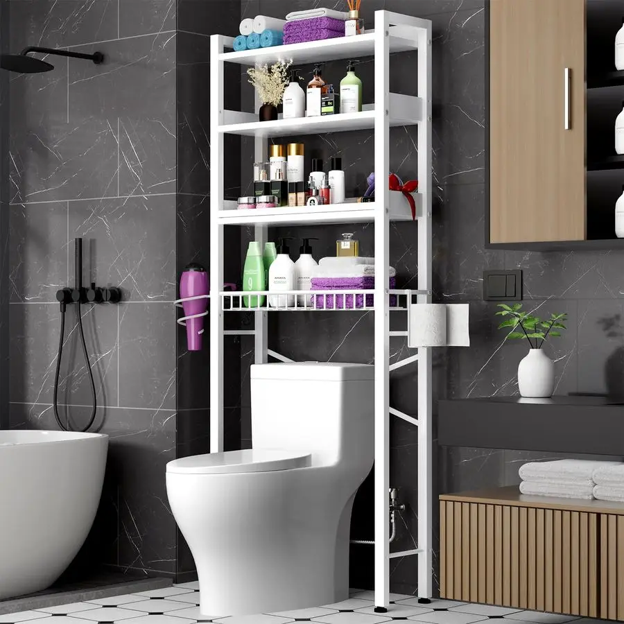 

The Toilet Storage Cabinet,4 Tier Bathroom Organizer and Storage With Adjustable Shelf Waterproof Feet Pad and Basket Multifunct