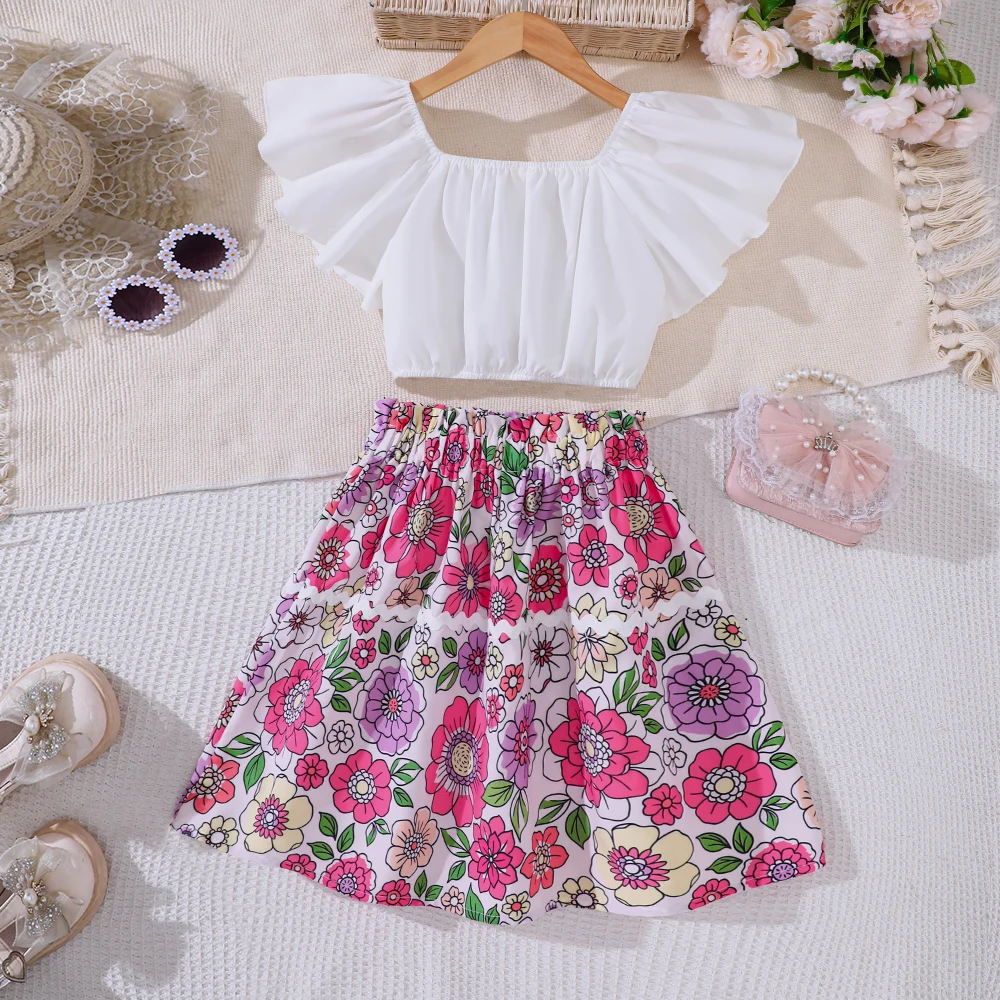 Girls' spring and summer new ruffled top with floral print short skirt two-piece casual set
